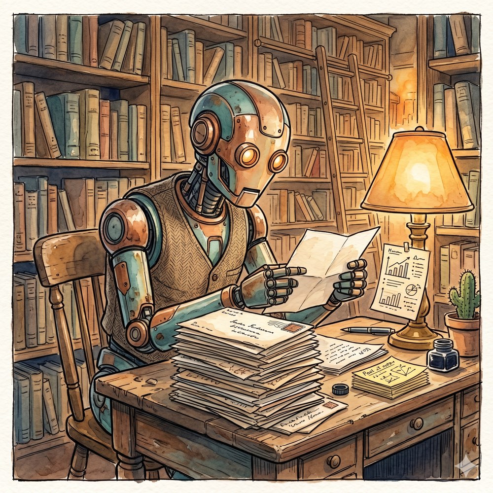 Illustration of a robot at a desk reading a stack of letters by lamplight