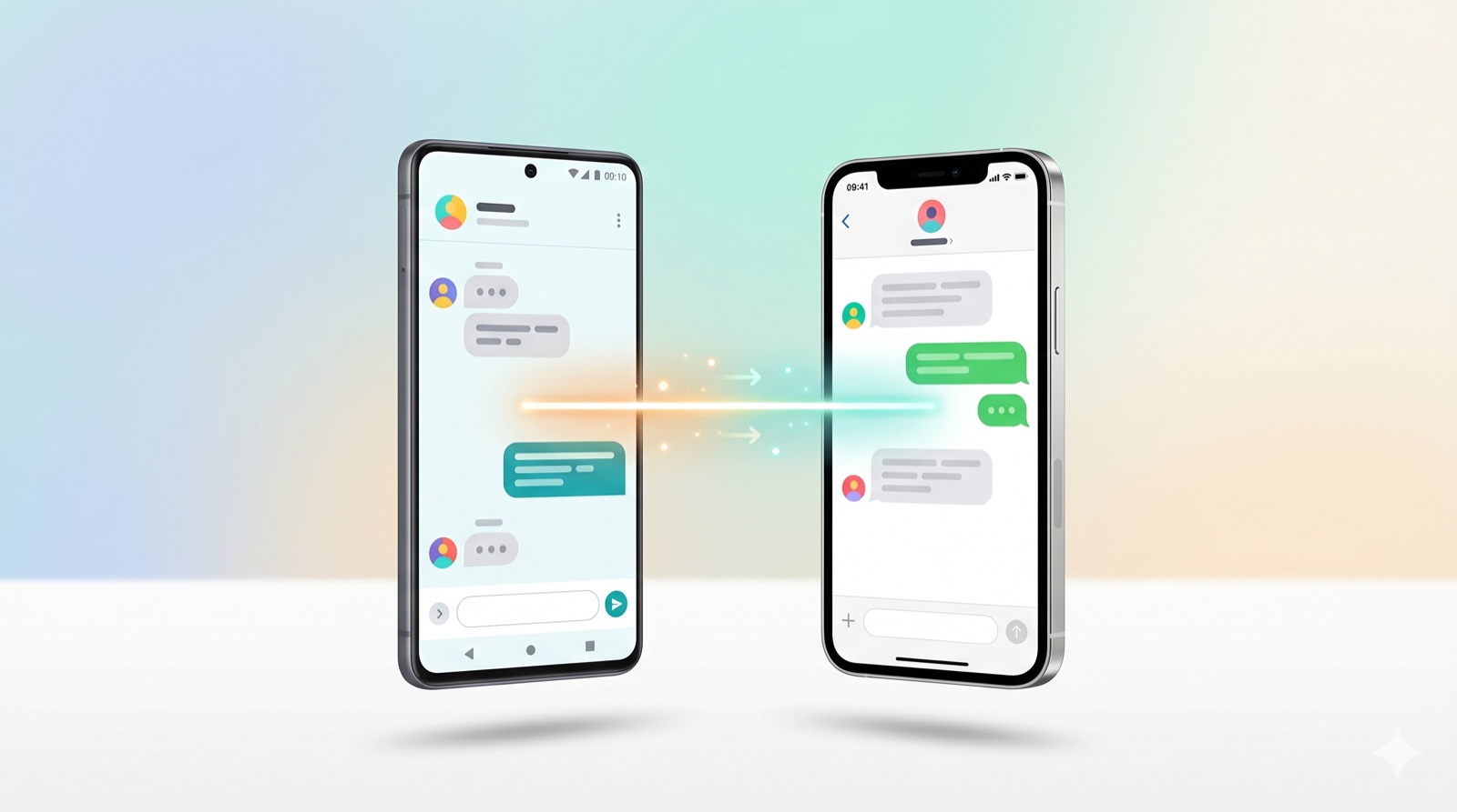 Android and iPhone side by side, messages flowing between them