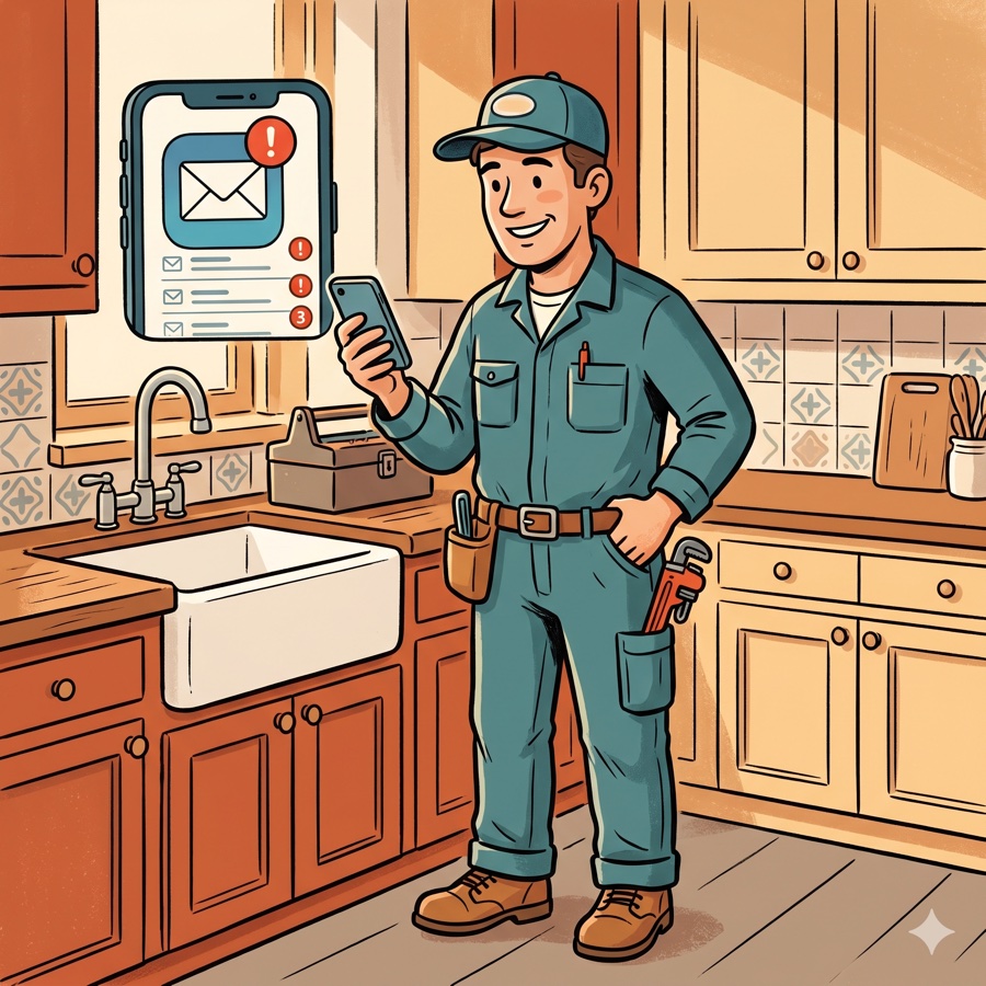 Illustration of a plumber in a kitchen checking email notifications on his phone