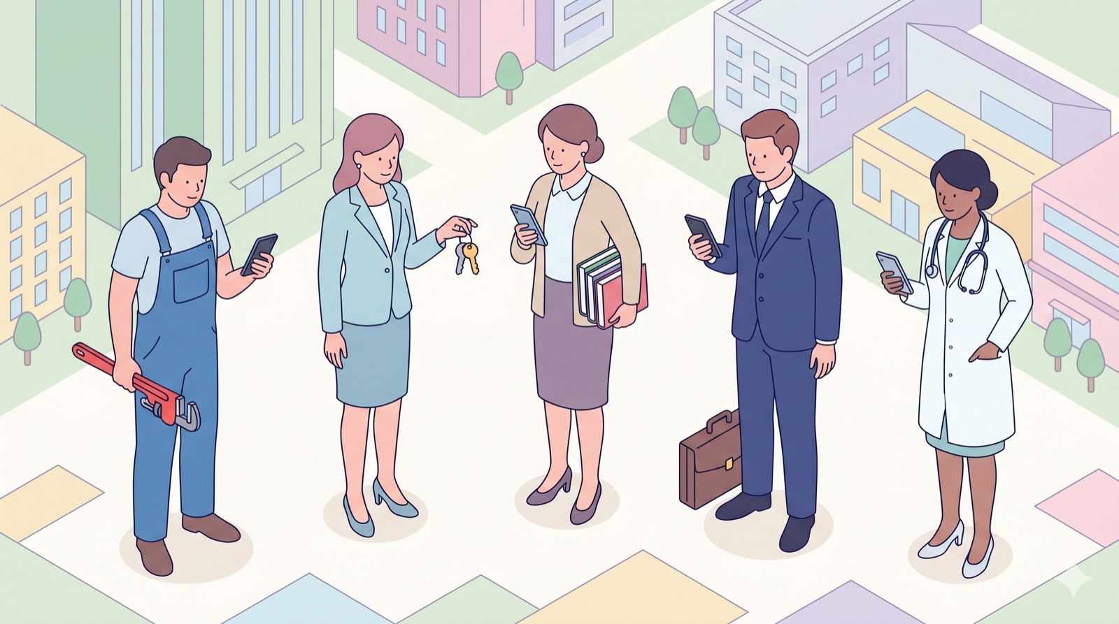 Illustration of a plumber, real estate agent, office worker, businessman and doctor each looking at their phone