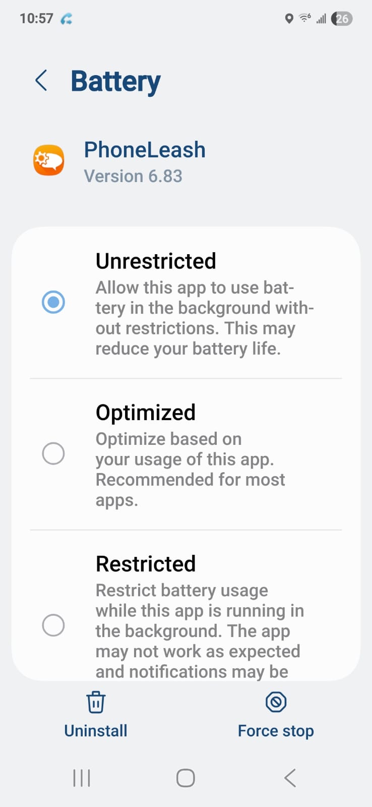 Samsung Battery screen for PhoneLeash showing Unrestricted, Optimized, and Restricted radio options with Unrestricted selected