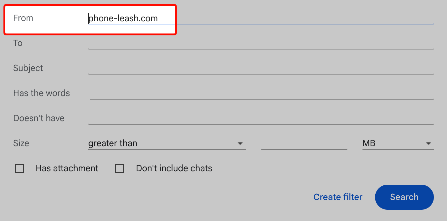 Gmail filter dialog with the From field pre-filled with phone-leash.com