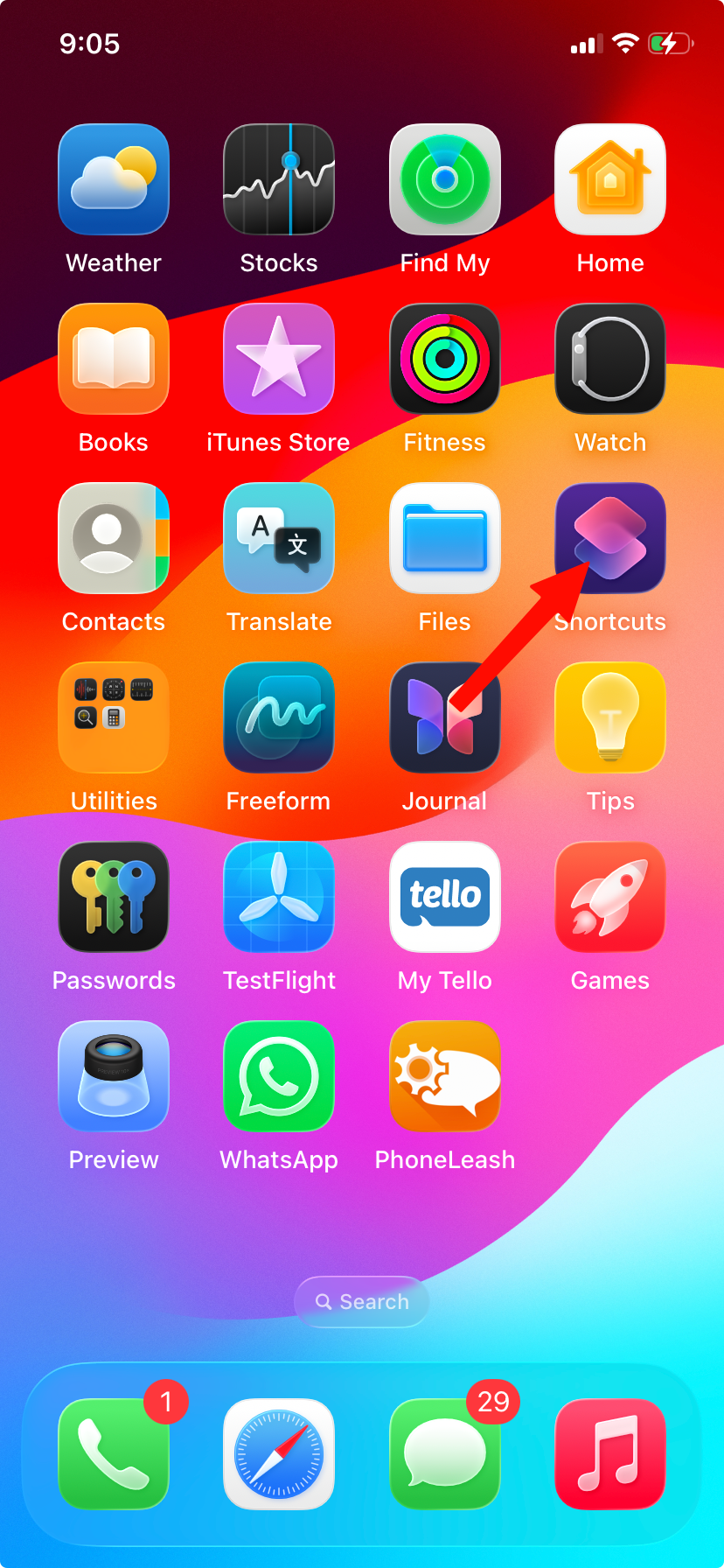 iPhone home screen with the Shortcuts app highlighted