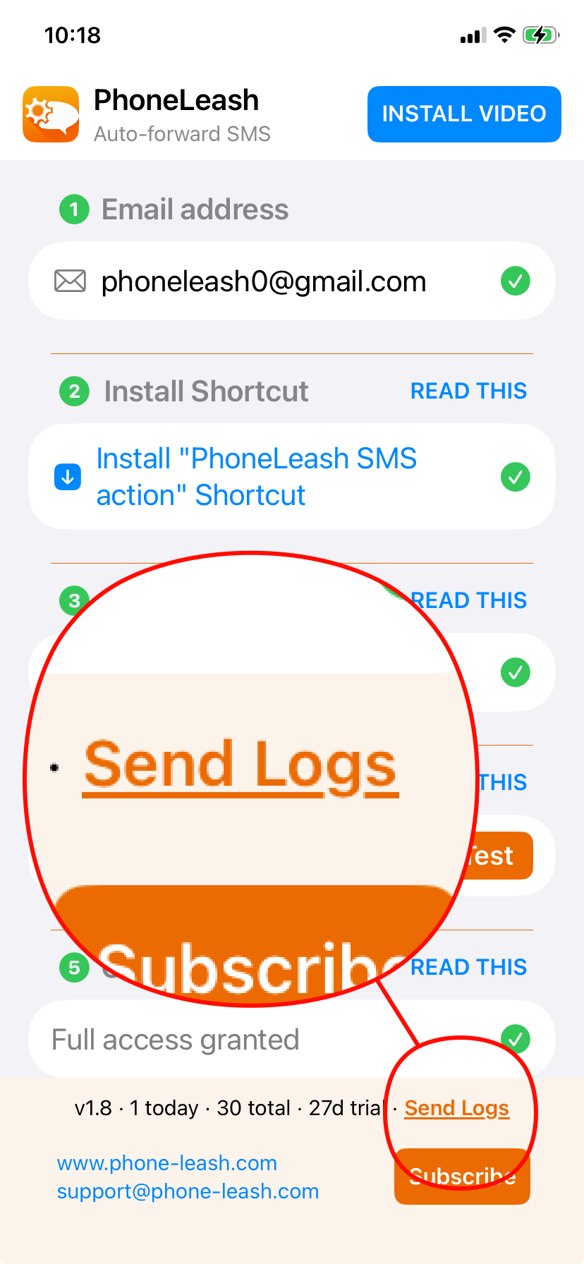 PhoneLeash iPhone app with the Send Logs link highlighted at the bottom of the screen, next to the version and trial info
