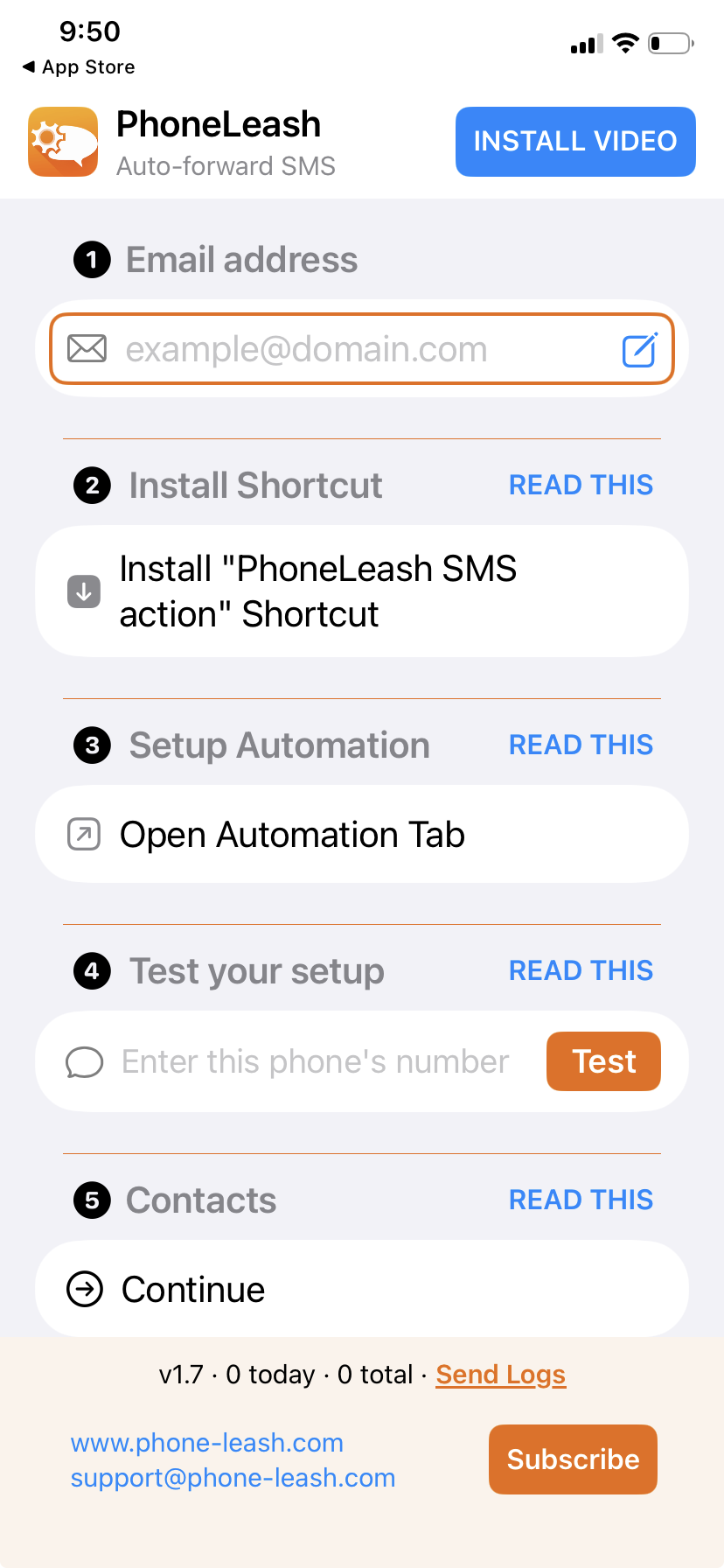PhoneLeash app home with 5-step checklist