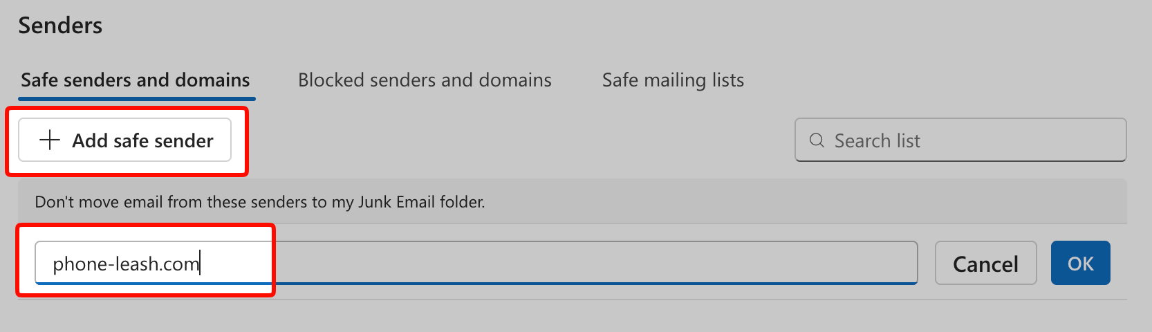Outlook Safe senders and domains settings with phone-leash.com added